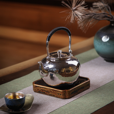 一胜斋纯手工银壶茶道煮水壶纯银S999烧水壶松雪颂银壶金紫