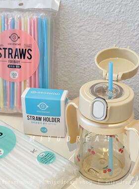 格罗咪咪吸管杯樱桃小熊喝水杯婴儿学饮杯一次性吸管套装出行免洗