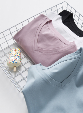 SUPIMA COTTON女士V字领纯棉极简风T恤素色高支匹马棉夏日短袖