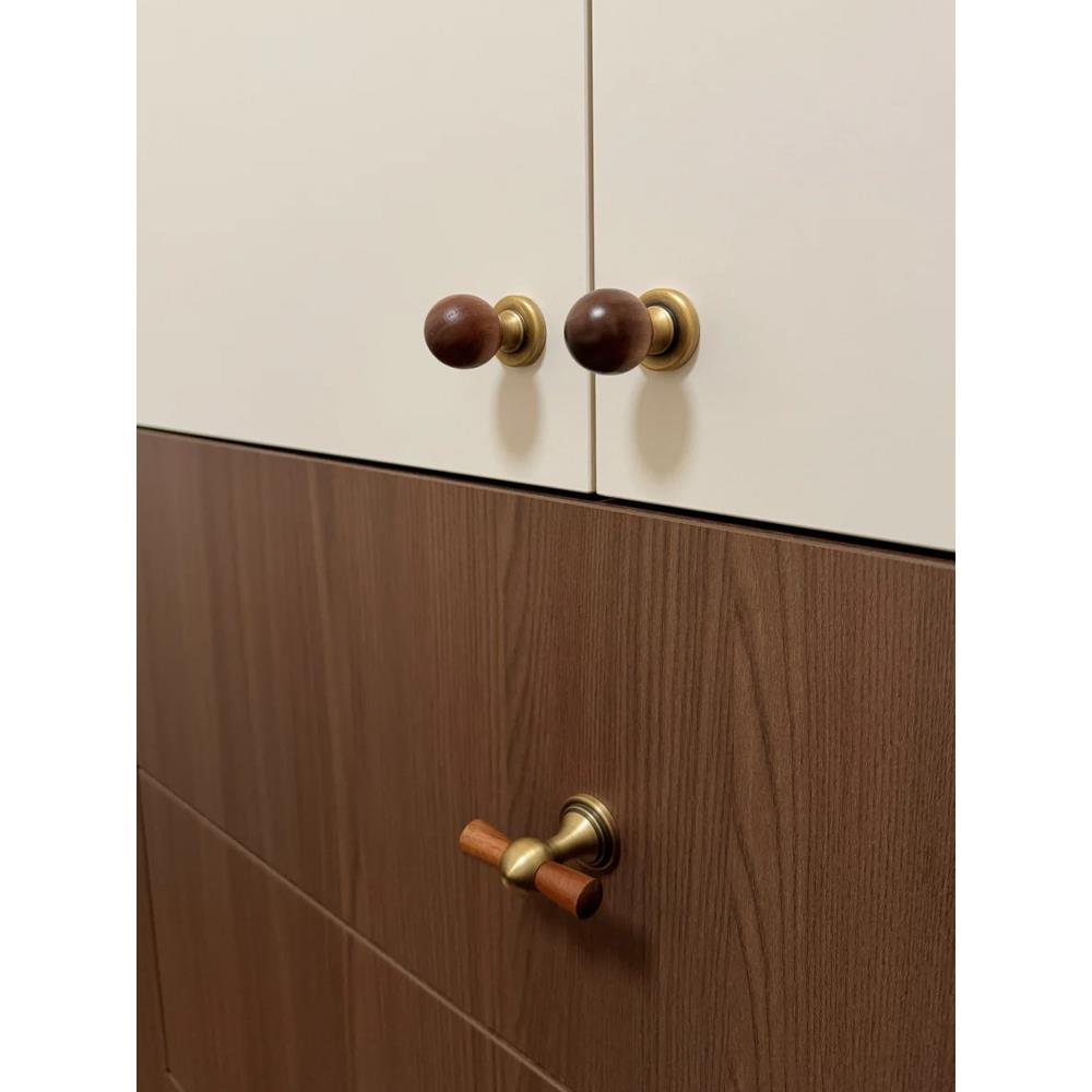 复古胡桃木拉手单孔圆球中古风轻奢高级感衣橱柜门抽屉门把手实木