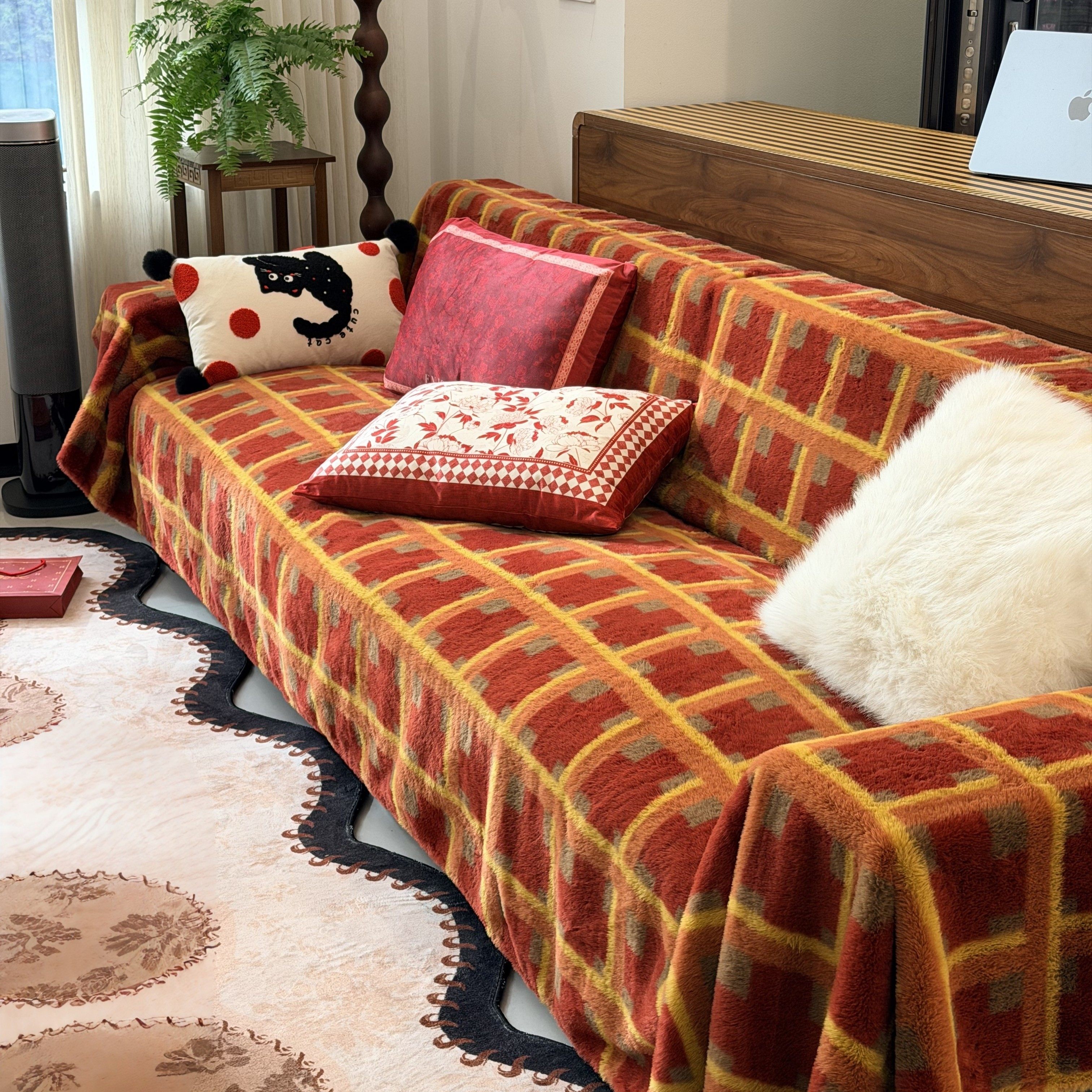 新年沙发套罩装饰盖布2025新款沙发巾冬季毛绒防滑兔毛红色毯子,居家布艺,沙发套,淘宝优惠券,粉丝福利购,淘宝优惠卷