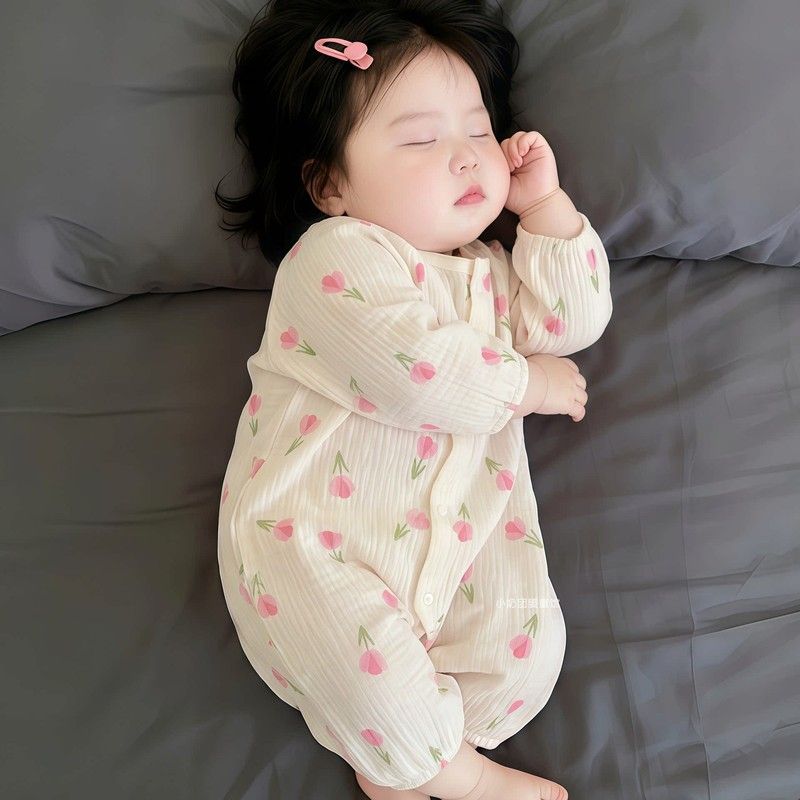 婴儿连体衣服夏秋新款棉纱长袖空调服夏天男女宝宝哈衣夏装外出服