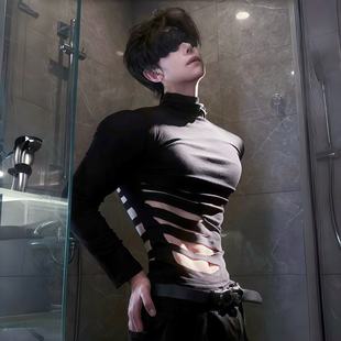 男士镂空紧身衣黑色性感禁欲系肌肉健身衣显瘦修身透肤个性打底衫