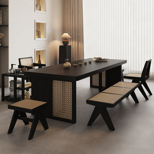 侘寂风茶桌椅组合家用茶台实木高端阳台功夫大板泡茶一桌五椅