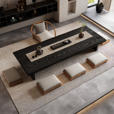 黑色碳化榻榻米茶桌侘寂风茶室坐地矮桌家用飘窗实木炕桌吃饭农村