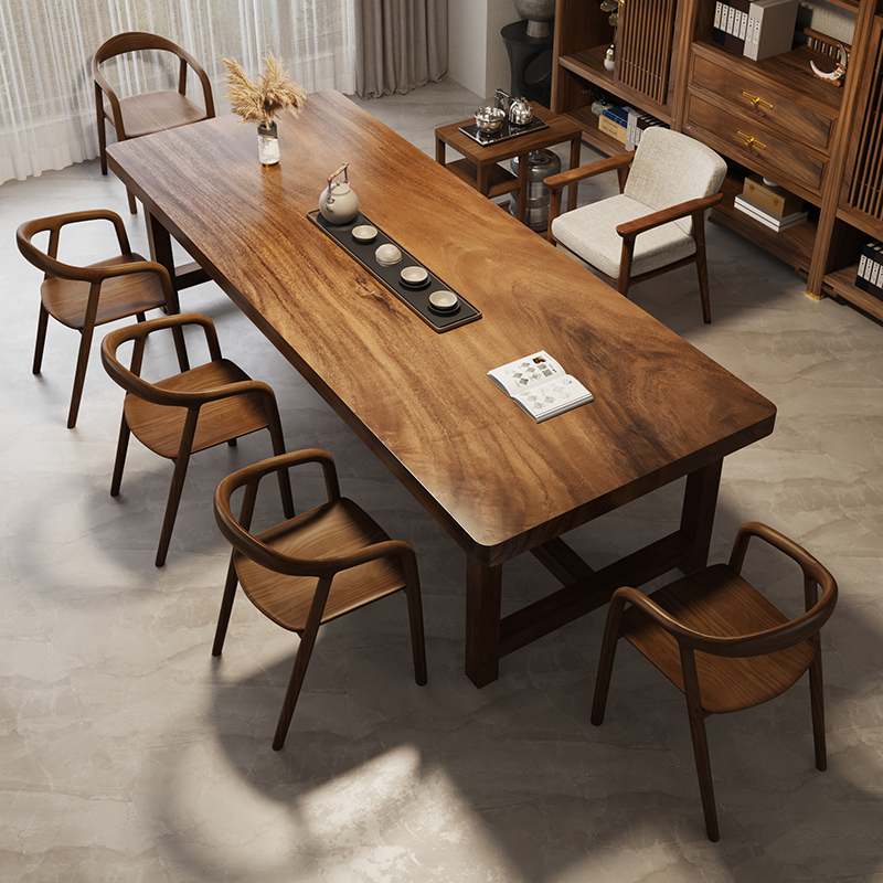 实木黑胡桃木大板桌椅组合茶桌
