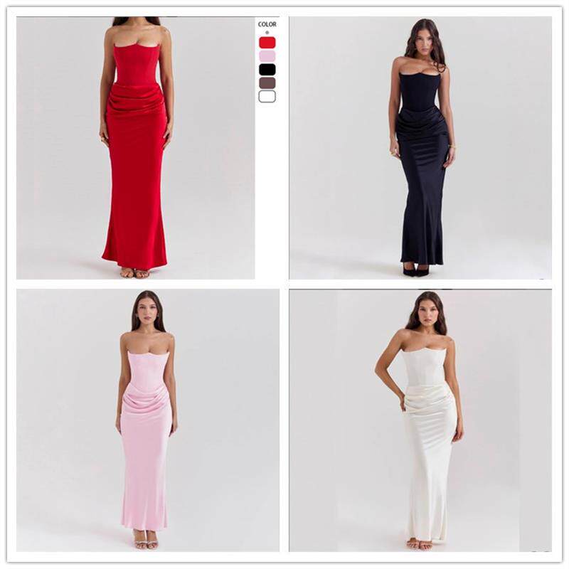 红色长裙女裙 Women red strapless long fishtail skirt dresses