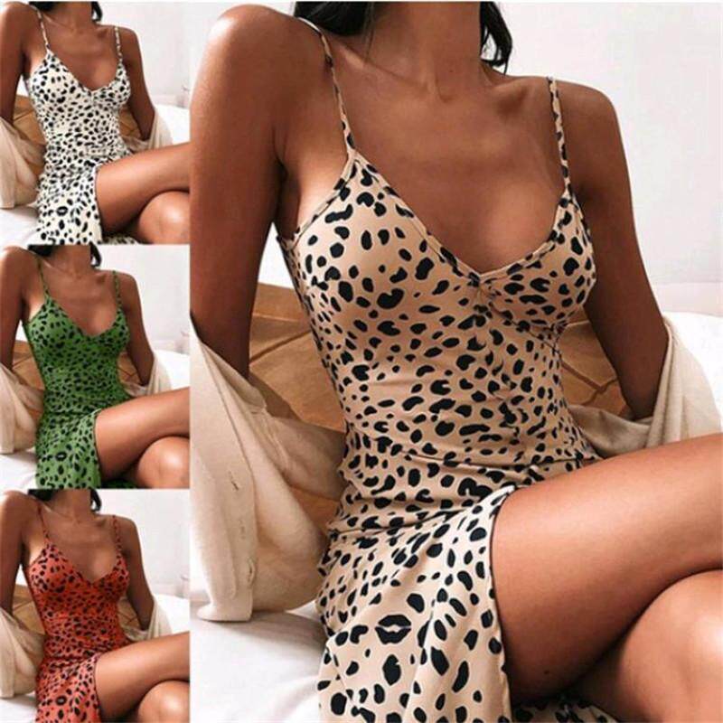 Leopard print v-neck slip dress    女士豹纹印花v领吊带连衣