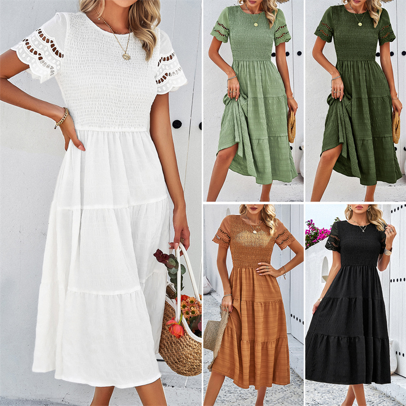 白裙连衣长裙Spring Short sleeved pleated white women dresses