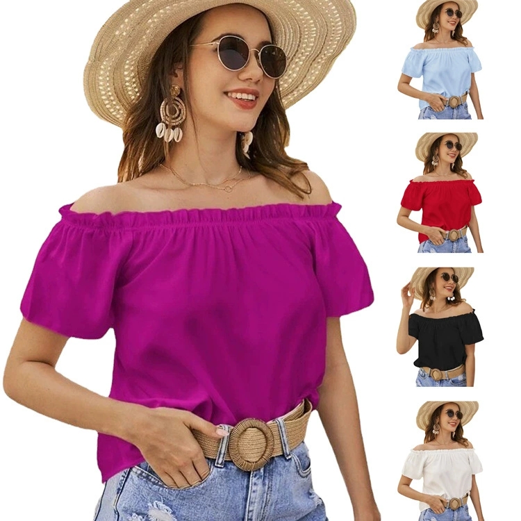 露肩荷叶边衬衫一字肩纯色上衣女Solid color one-shoulder shirt