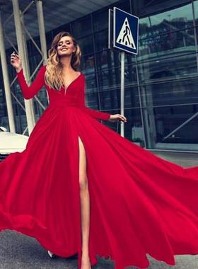 Women red party dress Lady Long-sleeved Evening Gown红色礼服