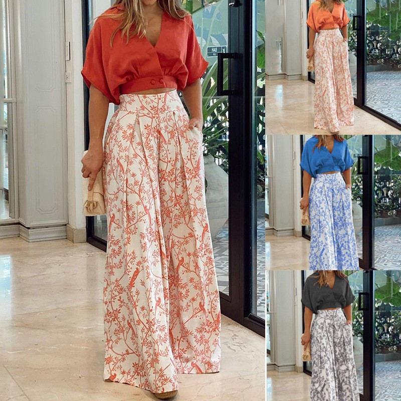 Cross-border V-neck short shirt wide-leg pants two-piece set