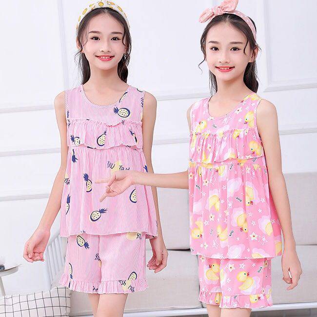 儿童背心女童棉绸吊带睡衣小女孩无袖中大童夏薄人造棉空调服套装