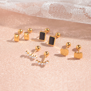 钛钢小熊珍珠几何长方形黑色耳钉拧螺丝扣睡觉不用摘耳骨钉耳饰品