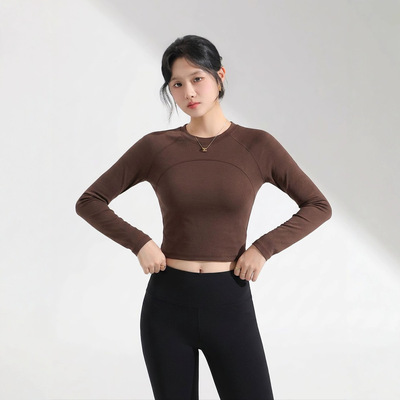 美利奴羊毛瑜伽服长袖女圆领短款修身运动t恤普拉提训练健身上衣