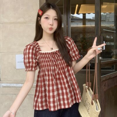 大码胖MM夏季新款法式复古格子泡泡袖衬衫方领显瘦减龄上衣