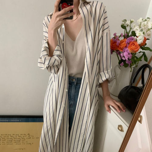 夏装新款大码女装慵懒风撞色条纹宽松衬衫连衣裙M-XL斤