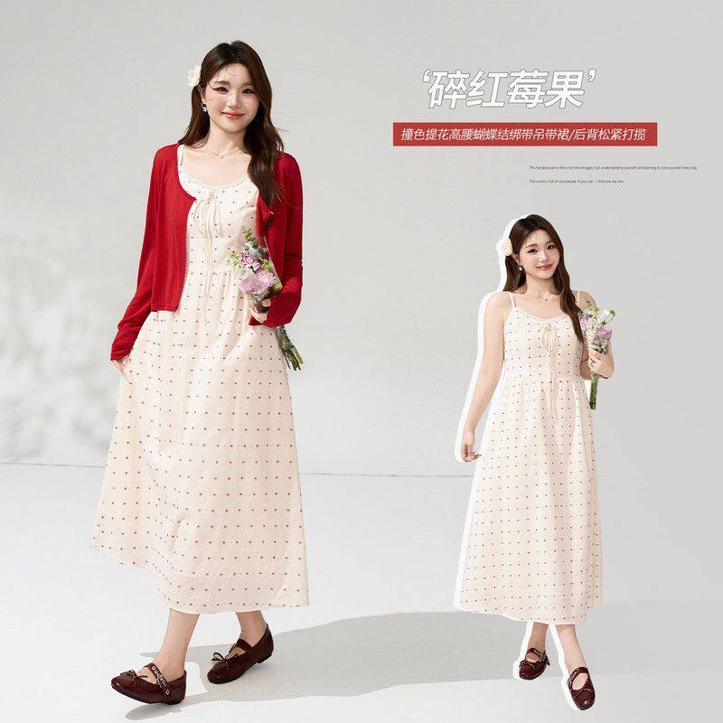 高腰花边A字碎花提花V领吊带裙胖mm大码女装遮肉显瘦连衣裙