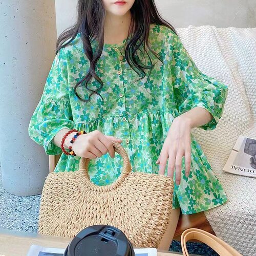 夏装大码女装娃娃衫上衣宽松灯笼袖蓬蓬碎花衬衫M-XL斤