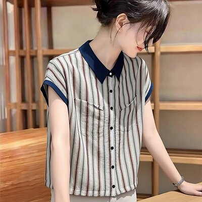 夏季新款韩版撞色polo领条纹衬衫女宽松休闲显瘦百搭短袖上衣