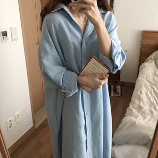 春装韩国chic慵懒风简约舒适长款过膝风衣外套棉麻衬衫