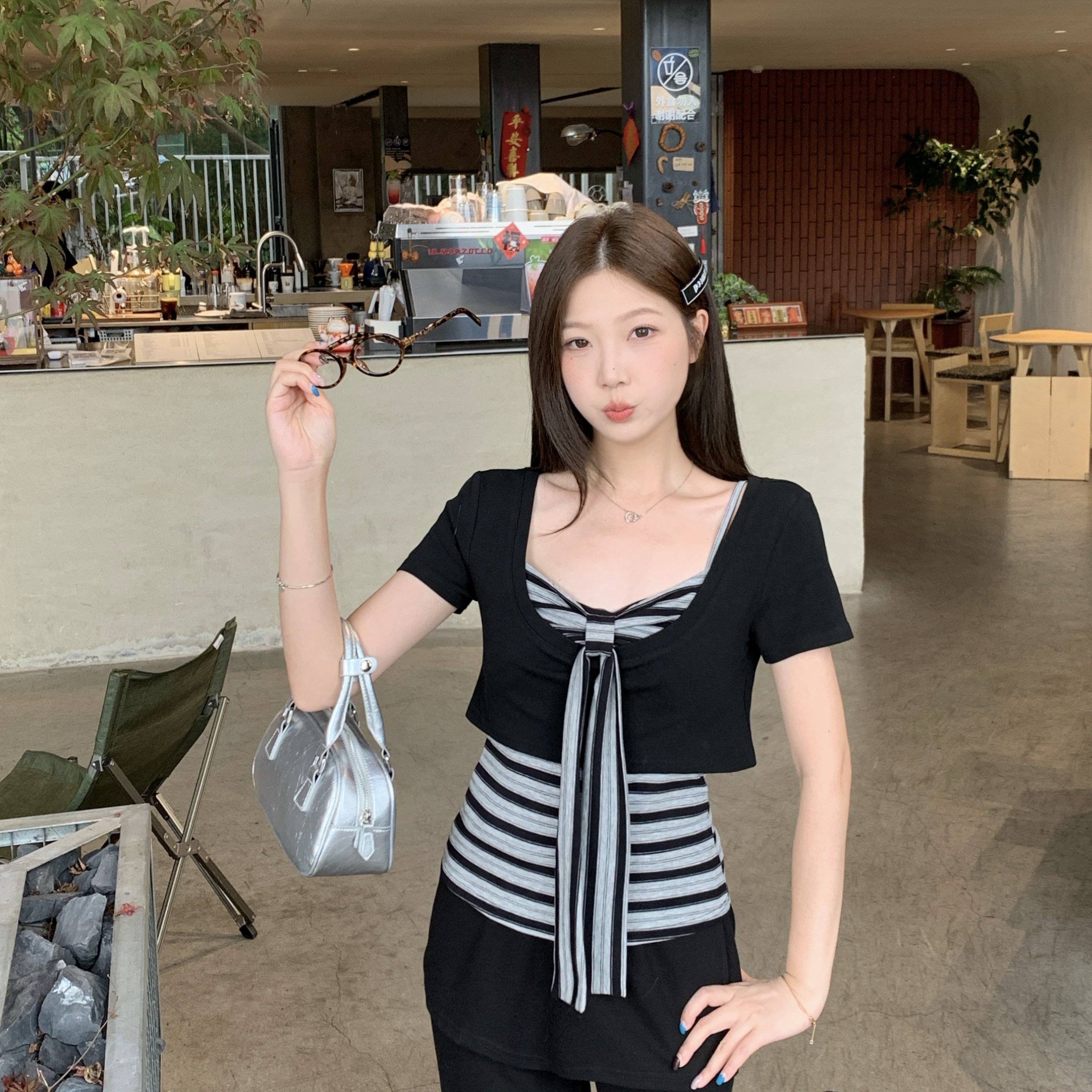 大码胖妹妹韩系慵懒风条纹蝴蝶结吊带背心短袖百搭两件套