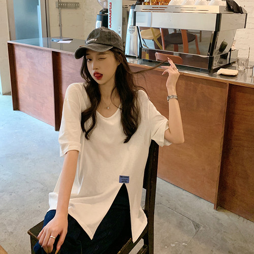 夏季新款大码女装圆领纯色开叉宽松纯棉短袖T恤 M-XL斤