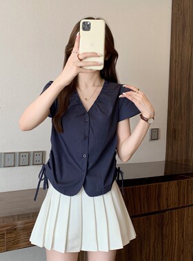 夏装新款大码夜岩上衣温柔风淑女抽绳褶皱v领上衣M-XL斤