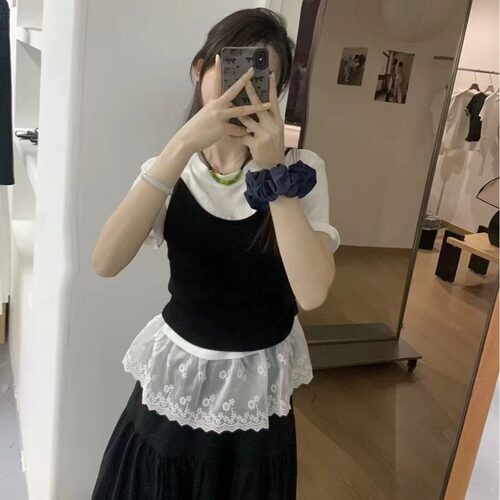 夏装新款大码女装蕾丝拼接短袖T恤吊带百搭两件套上衣M-XL斤