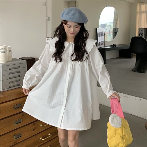 夏装新款韩系大码女装娃娃领连衣裙百搭宽松连衣裙M-XL斤