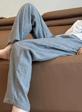 夏装新款大码慵懒松弛感棉麻条纹裤高腰直筒休闲裤小个子阔脚