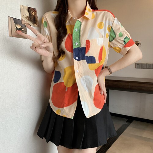 夏装新款大码女装通勤翻领彩绘涂鸦高端棉衬衫上衣M-XL斤