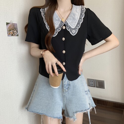 夏季法式娃娃领短款上衣甜美宽松大码女装衬衫M-XL斤