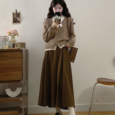 大码女装法式气质假两件软糯针织衫上衣卡其色半身长裙套装
