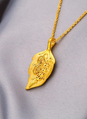 清新森系风金色树叶O字链吊坠项链逼真叶脉纹理的金色树叶搭配简