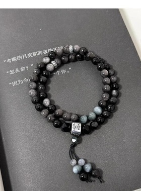 新中式国风银色曜石手串男小众高级感双层手链潮流百搭手饰情侣