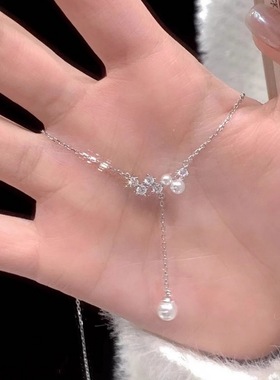 华丽灵动锆石珍珠流苏项链璀璨锆石珍珠交织项链飘逸流苏设计