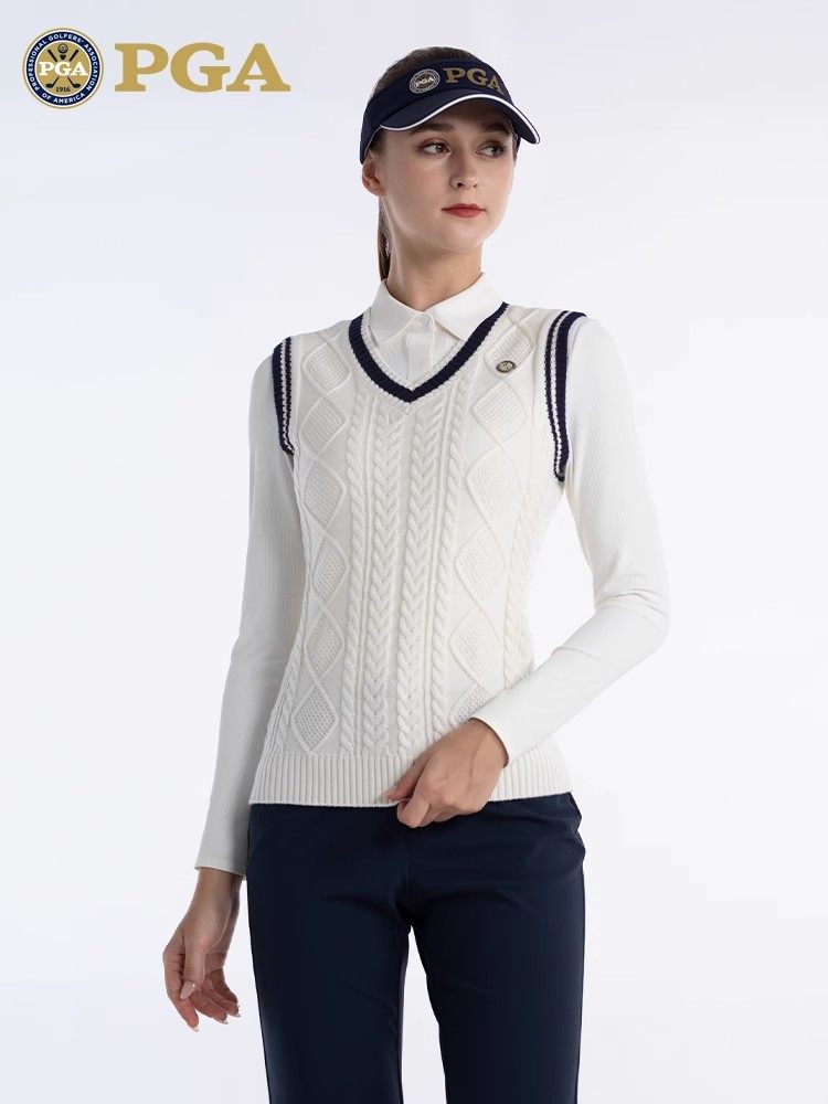 PGA高尔夫服装女士马甲学院风麻花背心V领套头毛衣针织衫舒适保暖