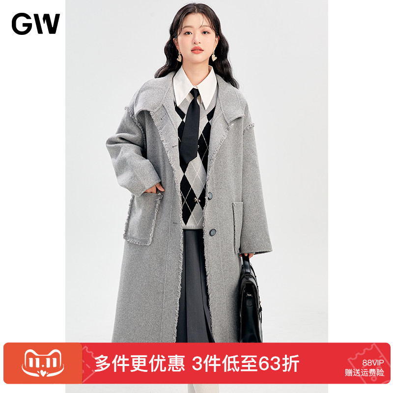 GW大码女装设计感百搭显瘦绵羊毛双面呢大衣2025秋季新款微胖mm
