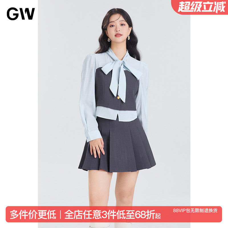 GW大码女装蝴蝶结飘带衬衫假两件上衣短裙套装2025秋季新款微胖mm