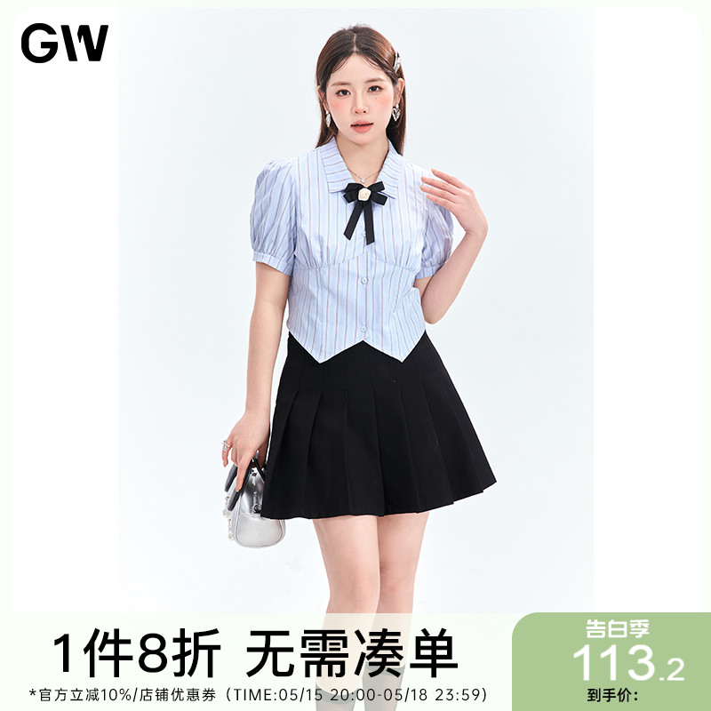 GW大码女装泡泡短袖衬衫2024夏季新款微胖mm收腰显瘦高级感女上衣