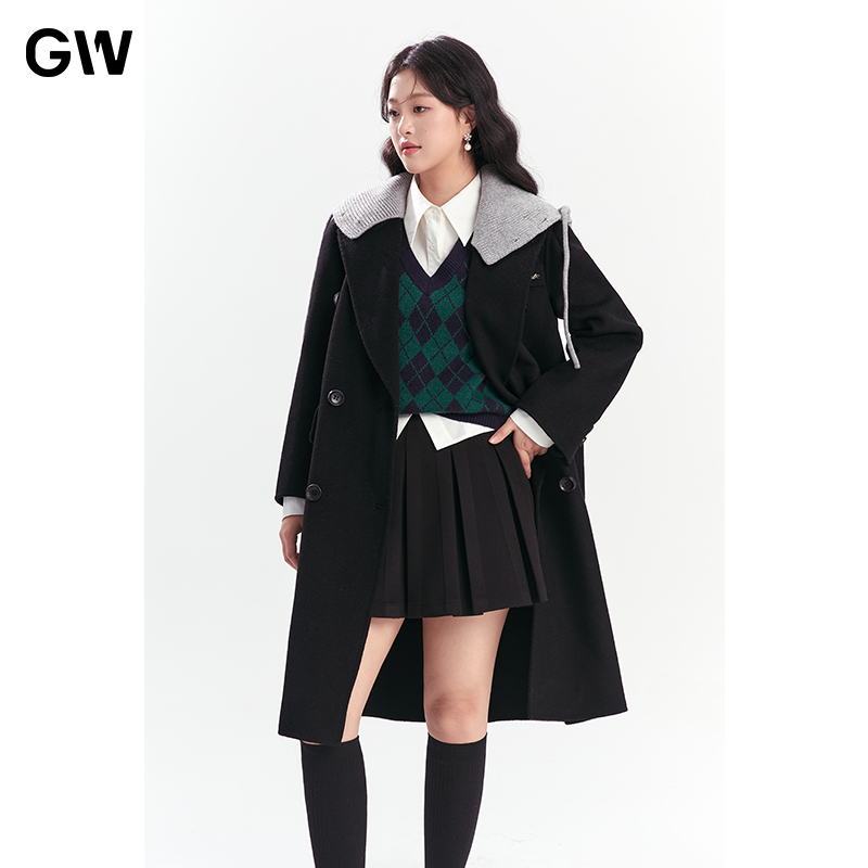 GW大码女装可拆卸帽衫绵羊毛经典黑色呢大衣2025秋冬新款微胖mm女