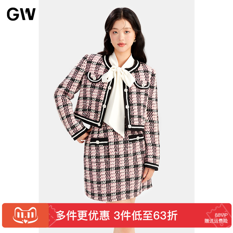 GW大码女装气质小香风减龄甜美外套短裙套装2025秋季新款微胖mm女