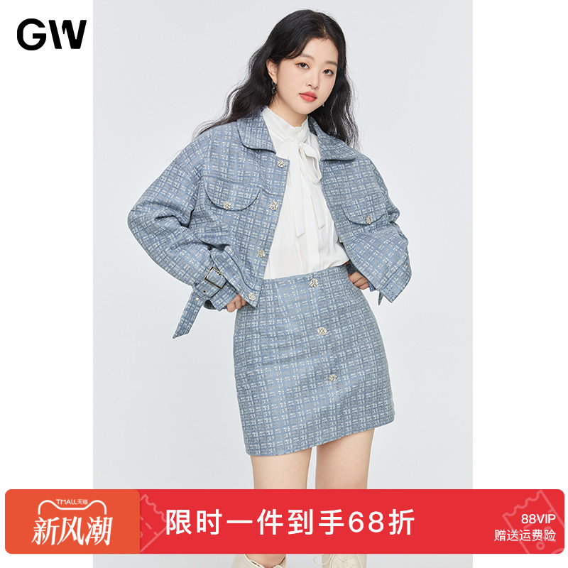 GW大码小香风单排扣半身裙套装2025秋季新款时尚短款长袖外套女