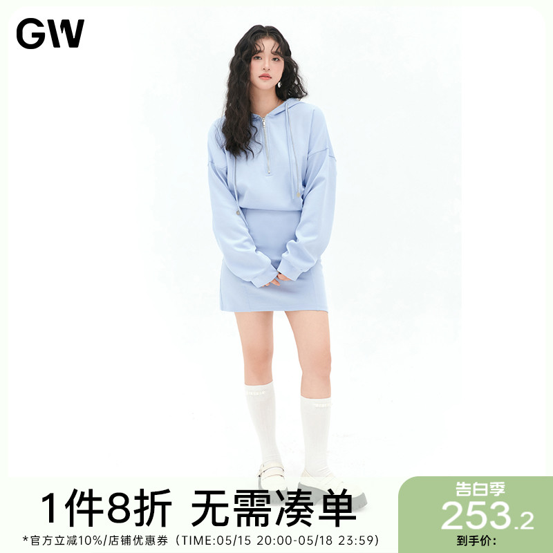 GW大码女装设计感连帽卫衣裙2024春季新款微胖mm收腰显瘦连衣裙子