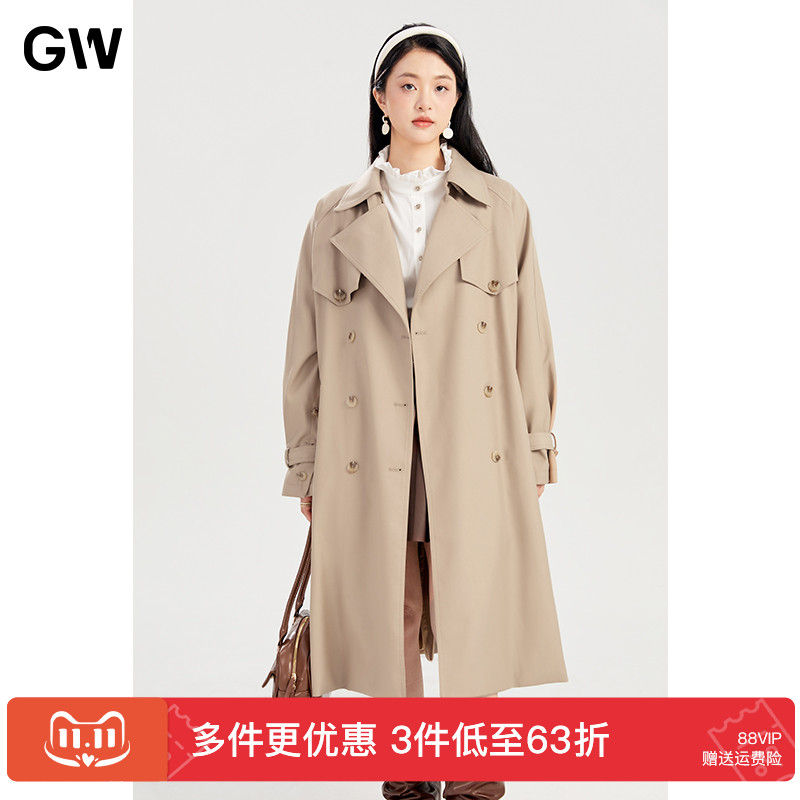 GW大码女装经典大翻领长款风衣2025秋季新款微胖mm显瘦藏肉外套