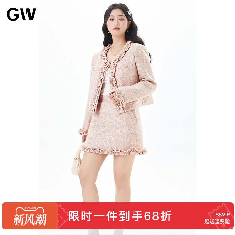 GW大码女装千金风短裙减龄花边夹棉外套2025秋冬新款微胖mm套装女
