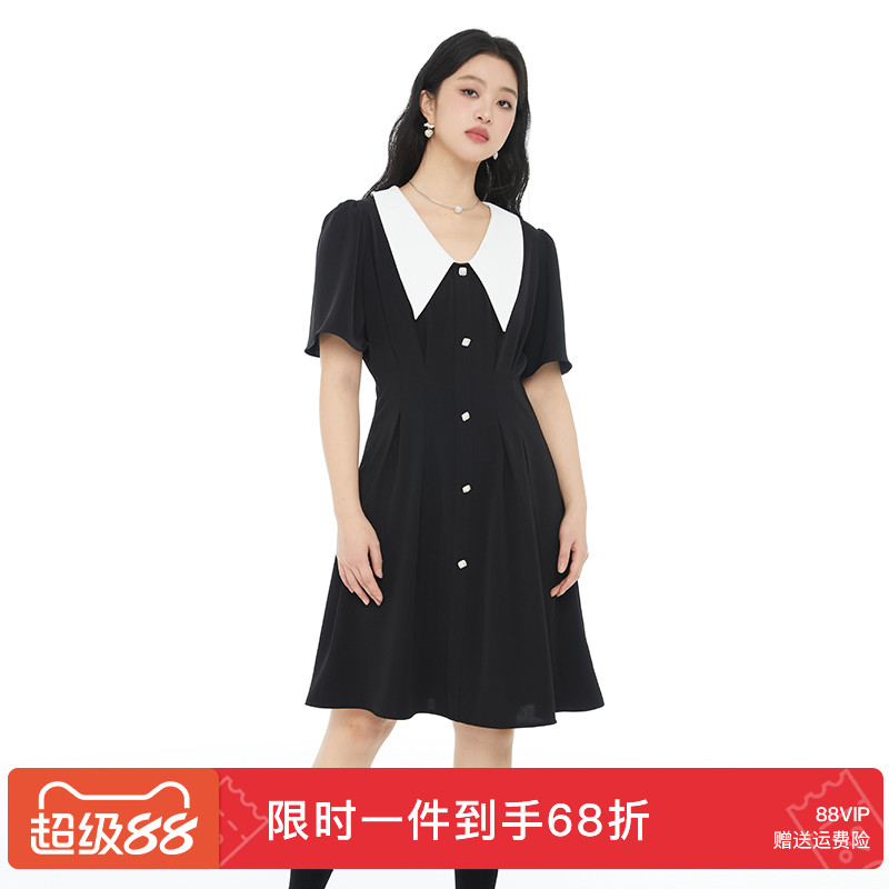 GW大码女装简约撞色翻领连衣裙2025夏季新款胖mm高腰显瘦A字裙子