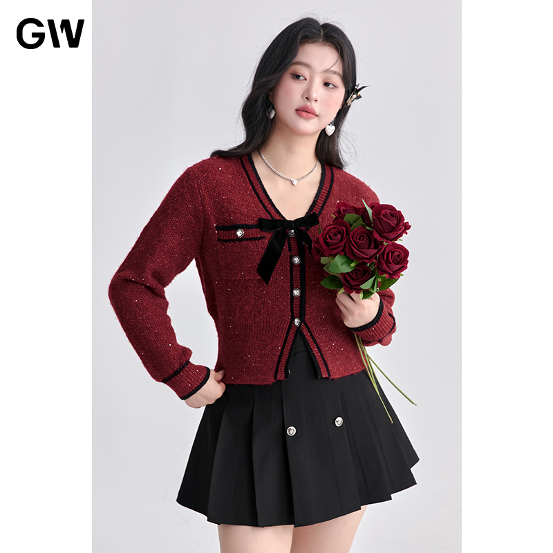 GW大码女装红色高级感毛衣打底衫2025秋微胖mm气质针织开衫女