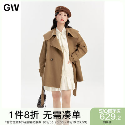 GW大码女装气质时尚绵羊毛显瘦腰带毛呢大衣2024春冬新款微胖mm女